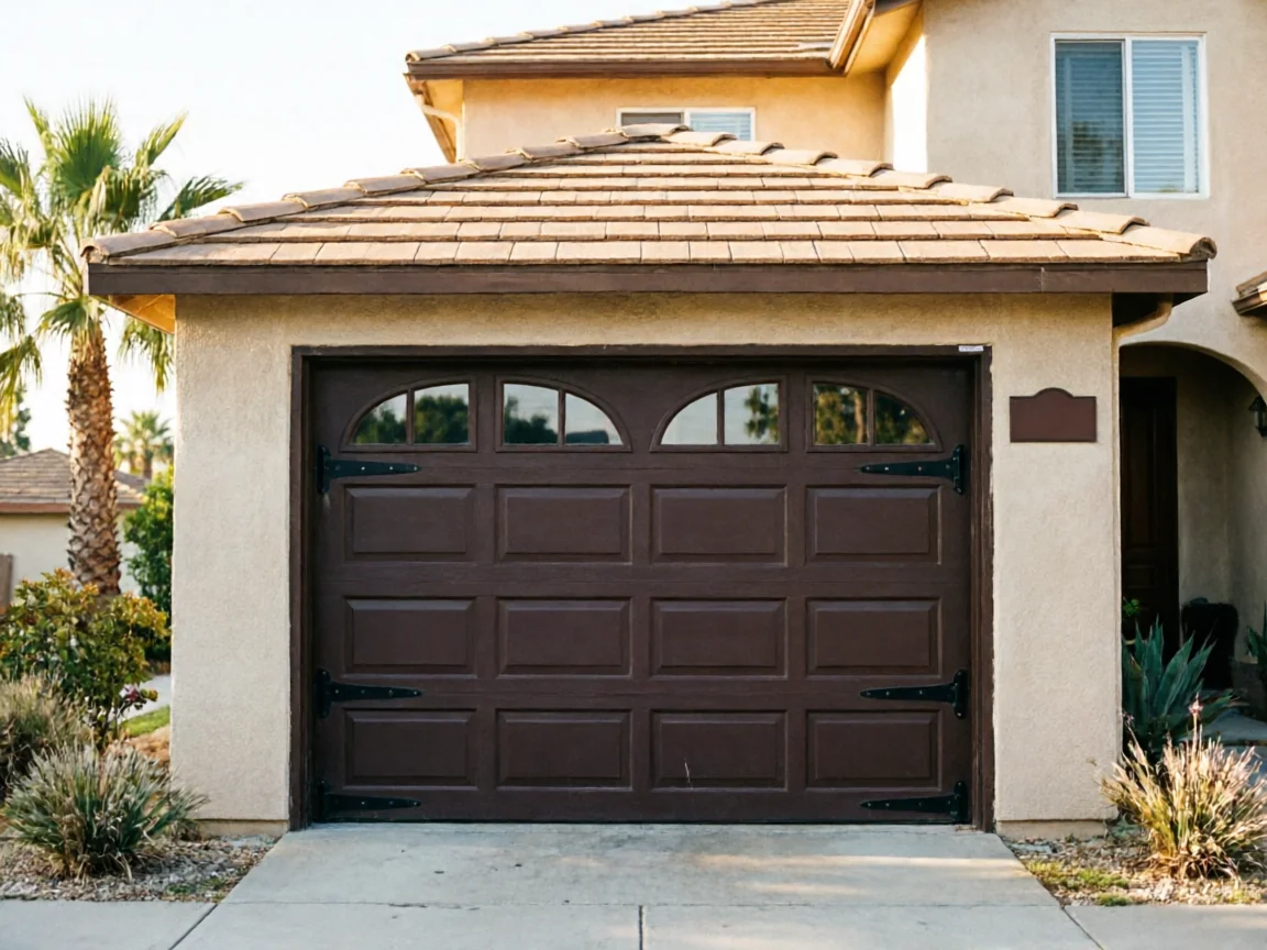 A brown garage door with decorative hardware and arched windows is on a house.