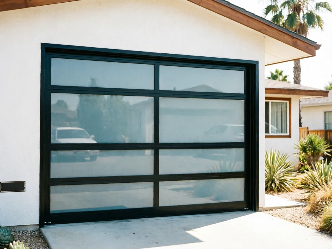 A modern black framed garage door with frosted glass panels on a white house.