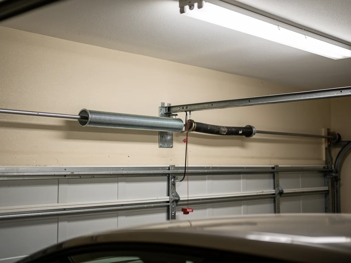 A garage door torsion spring is mounted above a white garage door.