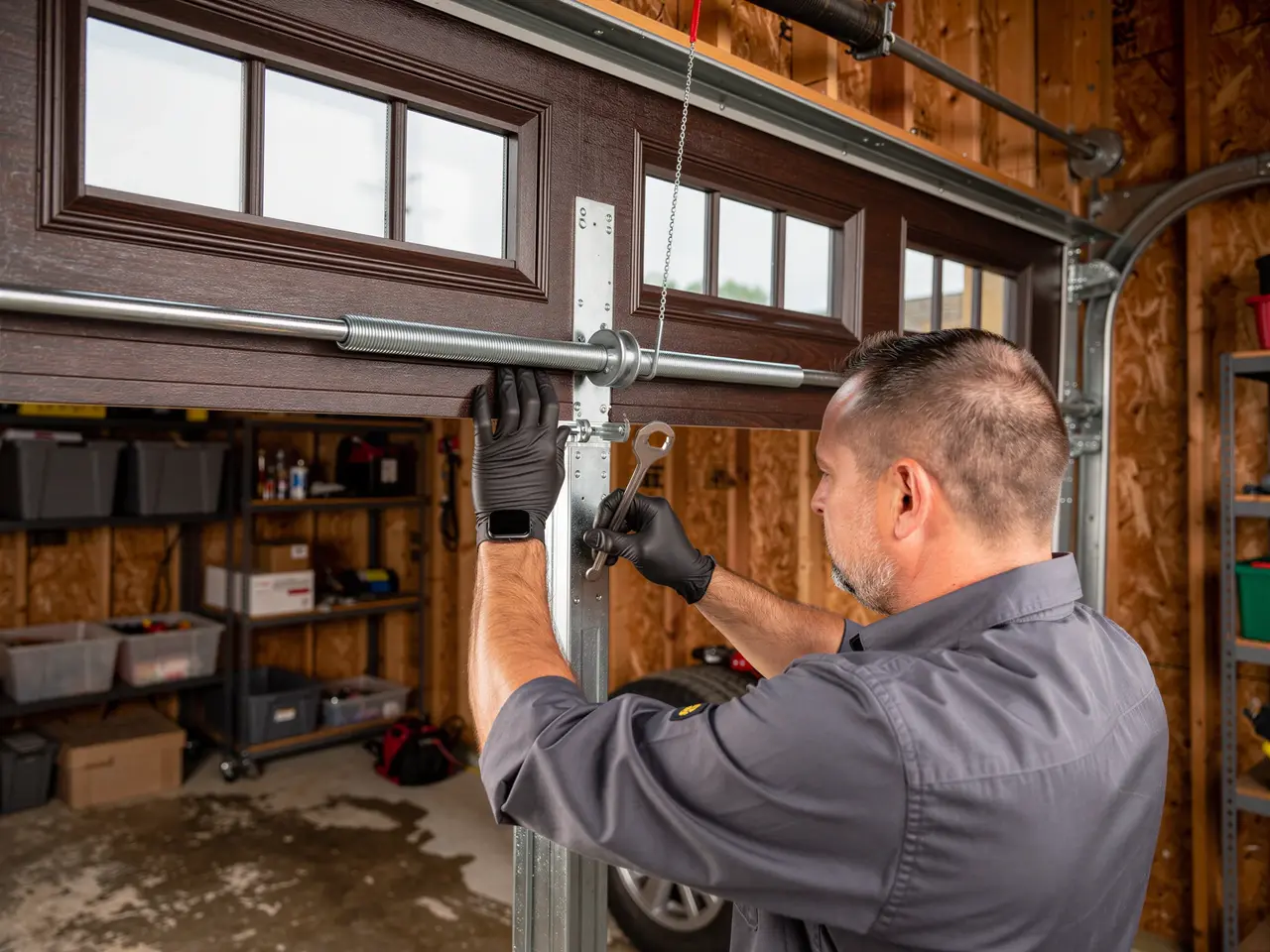 A technician adjusts a brown garage door with a wrench.