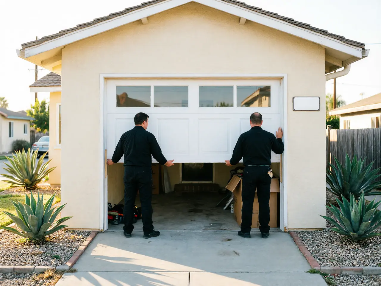 Two technicians install a white garage door on a tan house.